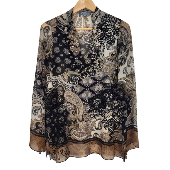 Hale Bob Tops - Hale Bob‎ Lounge XS Black Paisley Beaded Sheer Silk Blouse Flowy Velvet Embossed